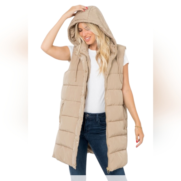 Women's Taupe Long Puffer Vest - Picture 3 of 11
